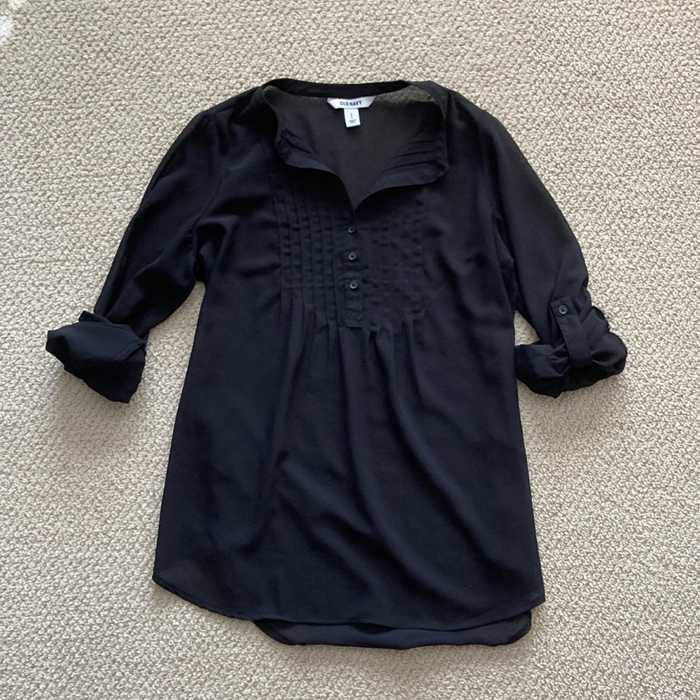 Old Navy Black Tunic Blouse Pleated Size Small Sheer Oversized Top Shirt EUC